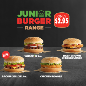 DEAL: Hungry Jack's $2.95 Bacon Deluxe Junior, Hash Brown Cheeseburger, Whopper Junior & Chicken Royale 29 Hungry Jacks Junior Burger Range