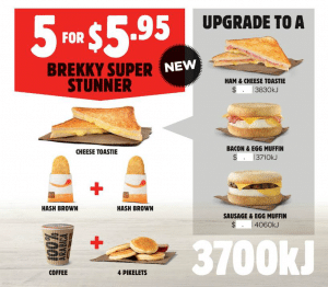 DEAL: Hungry Jack's 5 for $5.95 Brekky Super Stunner (Toastie, 2 Hash Browns, 4 Pikelets, Coffee) 29 DEAL: Hungry Jack's 5 for $5.95 Brekky Super Stunner (Toastie, 2 Hash Browns, 4 Pikelets, Coffee) 1