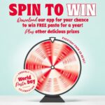 Prize wheel promoting a pasta giveaway event with daily chances to win various food prizes including free pasta.