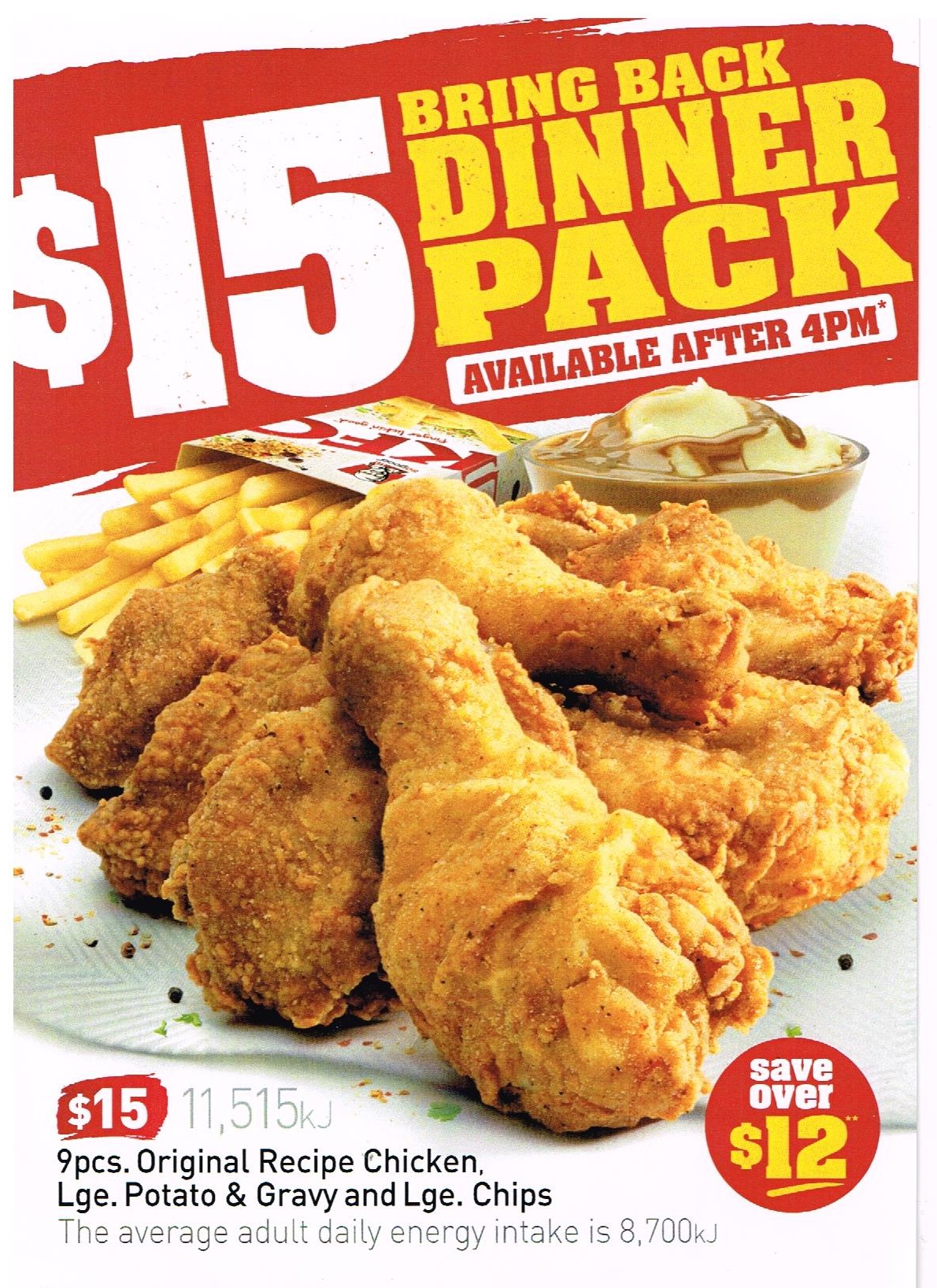 DEAL: KFC $15 Bring Back Dinner Pack - 9 pcs. Chicken, Large Chips and Potato & Gravy | frugal feeds