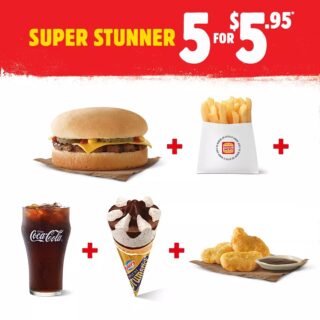 DEAL: Hungry Jack's 5 for $5.95 Super Stunner (Cheeseburger, Fries, Coke, 3 Nuggets, Drumstick) 9