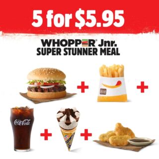 DEAL: Hungry Jack's 5 for $6.95 Super Stunner (Cheeseburger, Fries, Coke, 3 Nuggets, Drumstick) 2 DEAL: Hungry Jack's 5 for $6.95 Super Stunner (Cheeseburger, Fries, Coke, 3 Nuggets, Drumstick) 2