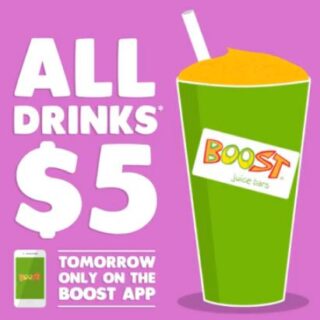 DEAL: Boost Juice App - $5 Drinks on Tuesday 21 August 2018 2 DEAL: Boost Juice App - $5 Drinks on Tuesday 21 August 2018 2