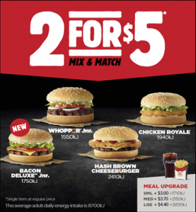 DEAL: Hungry Jack's $2 for $5 (Bacon Deluxe Junior, Hash Brown Cheeseburger, Whopper Junior & Chicken Royale) 1