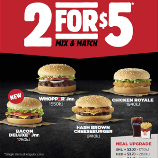DEAL: Hungry Jack's $2 for $5 (Bacon Deluxe Junior, Hash Brown Cheeseburger, Whopper Junior & Chicken Royale) 10 DEAL: Hungry Jack's $2 for $5 (Bacon Deluxe Junior, Hash Brown Cheeseburger, Whopper Junior & Chicken Royale) 10