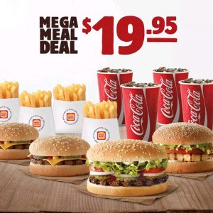 DEAL: Hungry Jack's $19.95 Mega Meal (Whopper, Grilled Chicken, 2 Cheeseburgers, 4 Small Chips & Drinks) 1