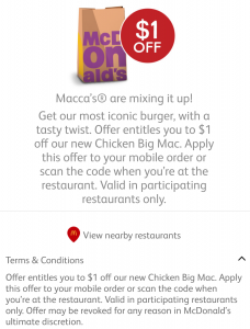 DEAL: McDonald’s $1 Off Chicken Big Mac using mymacca's app 3