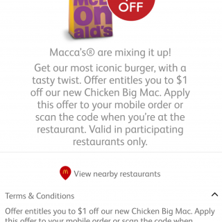 DEAL: McDonald’s $1 Off Chicken Big Mac using mymacca's app 2