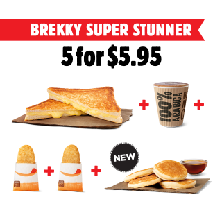 DEAL: Hungry Jack's 5 for $5.95 Brekky Super Stunner (Toastie, 2 Hash Browns, 4 Pikelets, Coffee) 1