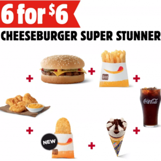 DEAL: Hungry Jack's 6 for $6 Super Stunner (Cheeseburger, Fries, Coke, 3 Nuggets, Drumstick, Hash Brown) [SA] 2