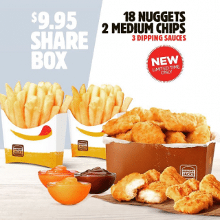 DEAL: Hungry Jack's $9.95 Share Box - 18 Nuggets, 2 Medium Chips & 3 Sauces 10 DEAL: Hungry Jack's $9.95 Share Box - 18 Nuggets, 2 Medium Chips & 3 Sauces 10