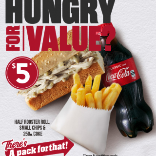 DEAL: Red Rooster - $5 Half Rooster Roll, Small Chips & 250ml Coke 5