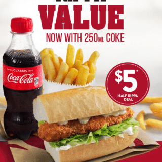 DEAL: Red Rooster - $5 Half Rippa Roll, Small Chips & 250ml Coke 3 DEAL: Red Rooster - $5 Half Rippa Roll, Small Chips & 250ml Coke 3
