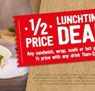 DEAL: 7-Eleven - 1/2 Price Lunchtime Deal - Any Sandwich, Wrap, Sushi or Hot Pastry 1/2 Price with Any Drink (11am-2pm) 4