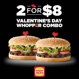 DEAL: Hungry Jack's Valentines Day - 2 Whoppers for $8 4 DEAL: Hungry Jack's Valentines Day - 2 Whoppers for $8 4