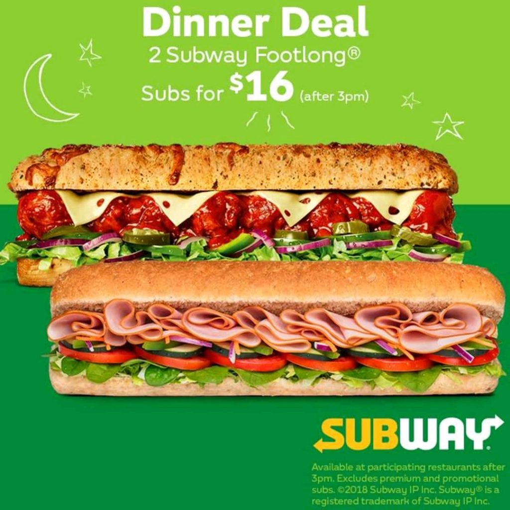 DEAL Subway 2 Footlong Subs for 16 after 3pm frugal feeds