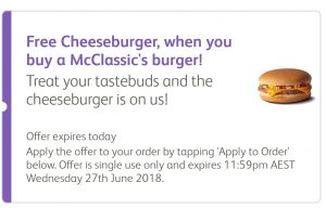 DEAL: McDonald’s - Free Cheeseburger when you buy a McClassics Burger using mymacca's app (until June 27) 3