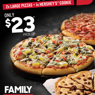 DEAL: Pizza Hut $23 Family Triple Treat (2 Large Pizzas & Hershey's Cookie) 1