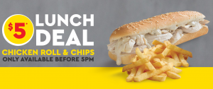 DEAL: Chicken Treat - $5 Chicken Roll & Chips until 5pm 10