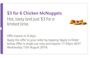 DEAL: McDonald's - 6 Nuggets for $3 on mymacca's app (until August 15) 3