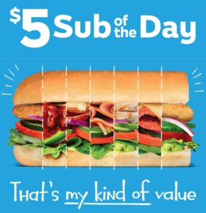 DEAL: Subway - $5 Everyday Value Range Six-Inch or $8.50 Footlong (BLT, Tuna, Pizza Veggie Delite, Seafood Sensation) 9