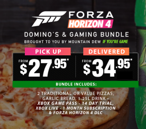 DEAL: Domino's $27.95 Gaming Bundle - 2 Pizzas, Garlic Bread, 1.25L Drink, Xbox Game Pass, Xbox Live & Forza Horizon 4 DLC 3