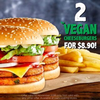 DEAL: Hungry Jack's - 2 Vegan Cheeseburgers for $8.90 on World Vegan Day (1 November) 4 DEAL: Hungry Jack's - 2 Vegan Cheeseburgers for $8.90 on World Vegan Day (1 November) 4