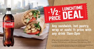 DEAL: 7-Eleven - 1/2 Price Lunchtime Deal - 1/2 Price Sandwich, Wrap, Sushi, Pastry & Lunch Items with Any Drink (11am-2pm) 5