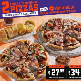 DEAL: Domino's - 2 Large Pizzas, Garlic Bread, 1.25L Drink & 60 Days Animelab for $27.95 Pickup/$34.95 Delivered 2