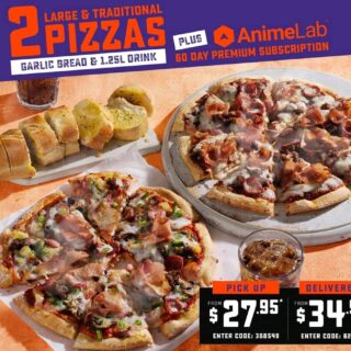 DEAL: Domino's - 2 Large Pizzas, Garlic Bread, 1.25L Drink & 60 Days Animelab for $27.95 Pickup/$34.95 Delivered 3 DEAL: Domino's - 2 Large Pizzas, Garlic Bread, 1.25L Drink & 60 Days Animelab for $27.95 Pickup/$34.95 Delivered 3