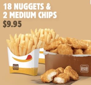 DEAL: Hungry Jack's App - $9.95 18 Nuggets and 2 Medium Chips (until 20 May 2019) 29 DEAL: Hungry Jack's App - $9.95 18 Nuggets and 2 Medium Chips (until 20 May 2019) 1