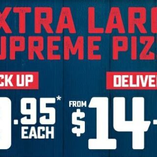 DEAL: Domino's - $9.95 Extra Large Supreme Pizza Pickup / $14.95 Delivered (until 28 April 2019) 5 DEAL: Domino's - $9.95 Extra Large Supreme Pizza Pickup / $14.95 Delivered (until 28 April 2019) 5