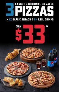 DEAL: Domino's - 3 Traditional Pizzas, 2 Garlic Breads & 2 1.25L Drinks $33 Delivered (6 July 2019) 3