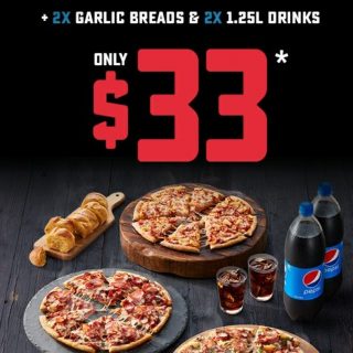 DEAL: Domino's - 3 Traditional Pizzas, 2 Garlic Breads & 2 1.25L Drinks $33 Delivered 2