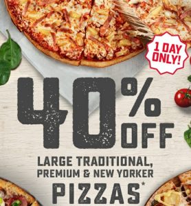 DEAL: Domino's 40% off Large Traditional, Premium & New Yorker Pizzas (7 August 2019) 1
