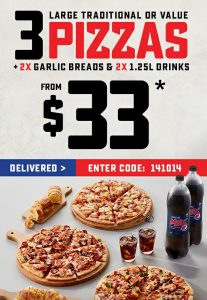 DEAL: Domino's - 3 Traditional Pizzas, 2 Garlic Breads & 2 1.25L Drinks $33 Delivered (1 June 2019) 3