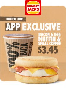 DEAL: Hungry Jack's App - $3.45 Bacon and Egg Muffin & Small Coffee (until 24 June 2019) 3