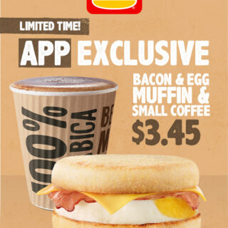 DEAL: Hungry Jack's App - $3.45 Bacon and Egg Muffin & Small Coffee (until 24 June 2019) 9 DEAL: Hungry Jack's App - $3.45 Bacon and Egg Muffin & Small Coffee (until 24 June 2019) 9