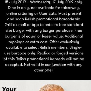 DEAL: Grill'd - Buy One Get One Free for Targeted Relish Members (15-17 July 2019) 5 DEAL: Grill'd - Buy One Get One Free for Targeted Relish Members (15-17 July 2019) 5