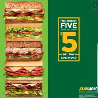 DEAL: Subway - One of Five Six-Inch Subs for $5 (Ham, Roast Beef, Tuna, Pizza, Veggie Delite) 1 DEAL: Subway - One of Five Six-Inch Subs for $5 (Ham, Roast Beef, Tuna, Pizza, Veggie Delite) 1