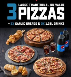 DEAL: Domino's - 3 Traditional Pizzas, 2 Garlic Breads & 2 1.25L Drinks $35 Delivered (until 4 August 2019) 1