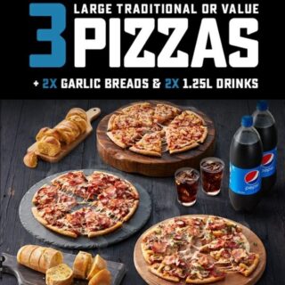 DEAL: Domino's - 3 Traditional Pizzas, 2 Garlic Breads & 2 1.25L Drinks $35 Delivered (until 4 August 2019) 1