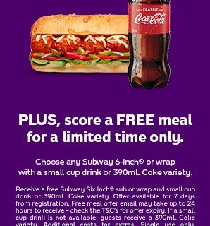 DEAL: Subway - Free 6-Inch Sub or Wrap & Drink when Registering Subcard 10 DEAL: Subway - Free 6-Inch Sub or Wrap & Drink when Registering Subcard 10