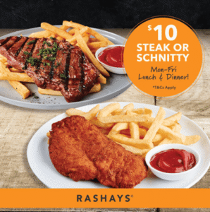 DEAL: Rashays $10 Steak or Chicken Schnitzel with Chips 1