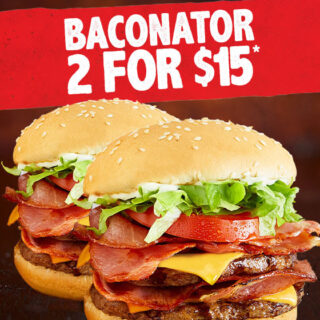 DEAL: Hungry Jack's - 2 Baconator Bacon Deluxe for $15 through Menulog (until 30 September 2019) 7 DEAL: Hungry Jack's - 2 Baconator Bacon Deluxe for $15 through Menulog (until 30 September 2019) 7