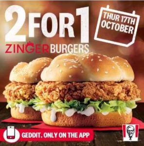 DEAL: KFC - 2 For 1 Zinger Burgers on 17 October 2019 (KFC App in WA Only) 3