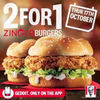 DEAL: KFC - 2 For 1 Zinger Burgers on 17 October 2019 (KFC App in WA Only) 2
