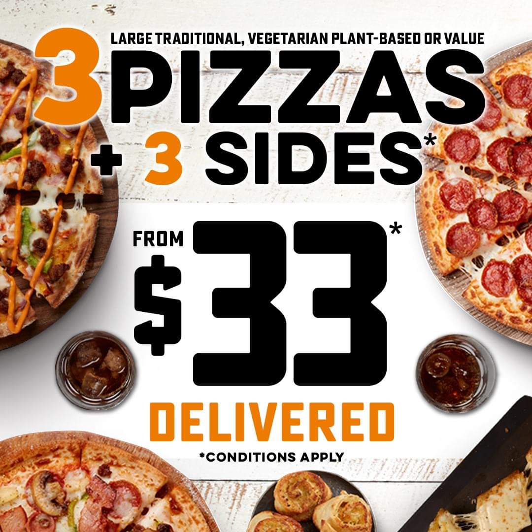Deal Domino S 3 Large Pizzas 3 Sides For 33 Delivered