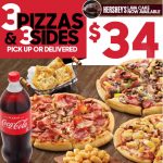 DEAL: Pizza Hut – 3 Large Pizzas + 3 Sides $34 Delivered & Free Garlic Bread with Pizza Purchase