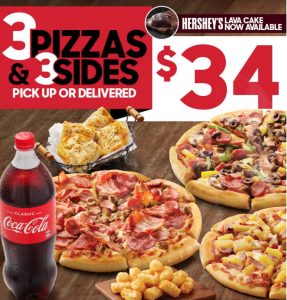 DEAL: Pizza Hut - 3 Large Pizzas + 3 Sides $34 Delivered, Free Choc Lava Cake with Pizza & More 3